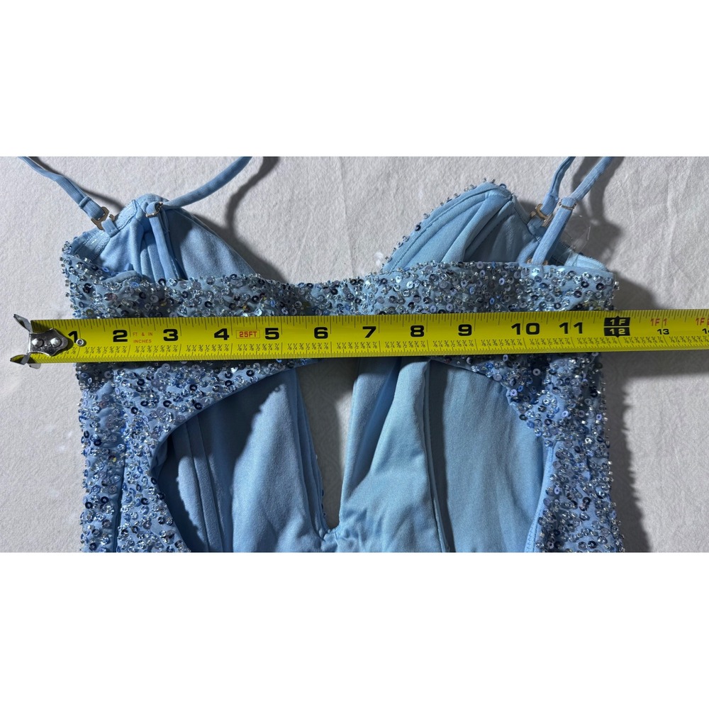 Oh Polly Sequin Mini Dress Light Blue Strapless Deep V Cutout Back US 2 - Picture 7 of 9
